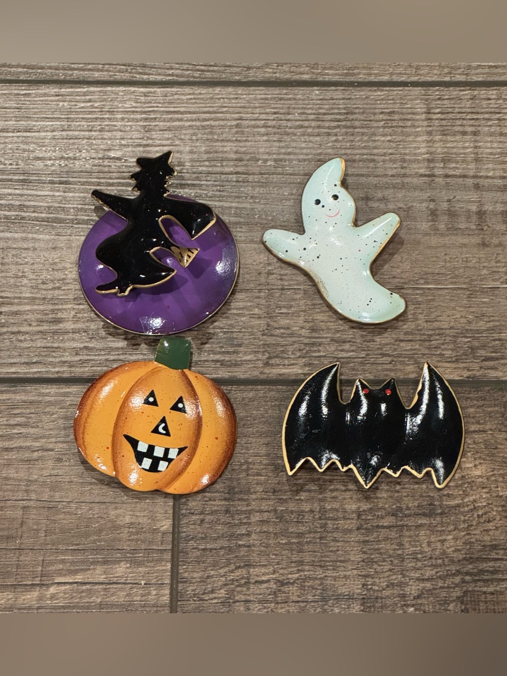 Halloween Lot of 4 Lapel Pins Ghost Jack O Lantern Witch & Bat Vintage